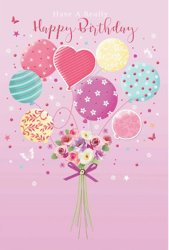 Gentle, celebratory birthday card illustration where pastel balloons and a delicate bouquet work together to capture the artistic energy of Camden, yet with a soft, romantic twist. The background is a smooth wash of pale pink, glowing as though lit by early afternoon light spilling down from Camden Town station towards the canal. Clustered in the upper half, round and heart-shaped balloons float upward in soothing tones of blush, mint, lemon-yellow, and lavender. Each balloon carries a different pattern-some wrapped in dancing stripes, others sprinkled with tiny polka dots or flourishes that resemble miniature fireworks-giving the impression of a small festival caught mid-air. Beneath them, a hand-tied bouquet of petite roses and daisy-like blooms acts as the base. The flowers, painted in creamy ivory, soft rose, and muted mauve, are arranged tightly, with each petal overlapping like layers of satin, reminiscent of a freshly crafted bunch from a Camden High Street florist. Their stems are neatly bound with a shimmering purple bow, the ribbon ends curling gently as if stirred by a breeze. Scattered stars, specks of imagined glitter, and delicate butterflies drift around the composition, suggesting the carefree joy of a birthday celebrated along Regent's Canal or in a cosy Camden flat. The overall mood is one of tender jubilation-light-hearted, creative, and full of warmth-turning this simple card into a scene that feels both personal and thoughtfully designed.