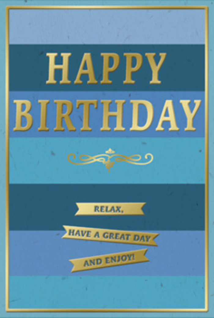 This tasteful birthday card combines the calm of layered blues with the subtle drama of gold, evoking the gentle energy of Camden on a quiet morning before the streets fill. Its background consists of wide, even stripes that run horizontally across the card, shifting gradually from deep navy at the base through various mid-blues to a softer, lighter hue near the top. The colours transition seamlessly, forming an ombré field that feels as soothing as watching clouds pass over the rooftops around Camden Town. Centered on this tranquil backdrop, the phrase HAPPY BIRTHDAY is rendered in embossed gold capital letters, each character distinct and slightly raised so that it would feel satisfyingly pronounced under a fingertip. The metallic surface catches light at a gentle angle, producing a warm, brushed glow rather than a stark shine. Just below the main text, a single decorative flourish sweeps out in a symmetrical gold motif, its elegant curves echoing the kind of ornate detail found on old theatre fronts and music venues nearby. Under this flourish, three narrow gold banners stretch across the lower part of the card, resting in a balanced stack. Each banner carries a short, affirmative message that encourages the birthday recipient to unwind, enjoy their special day, and allow a little indulgence. An ultra-fine gold border surrounds the entire composition, pulling the colour and text into a cohesive whole. The card stock appears smooth and relatively thick, giving an impression of quality, with the contrast between the velvety blue surface and the raised metallic features adding a tactile appeal. Pictured alongside a fresh birthday bouquet arriving in Camden, this card offers a quiet, refined way to express heartfelt wishes while keeping the mood relaxed and reassuring.
