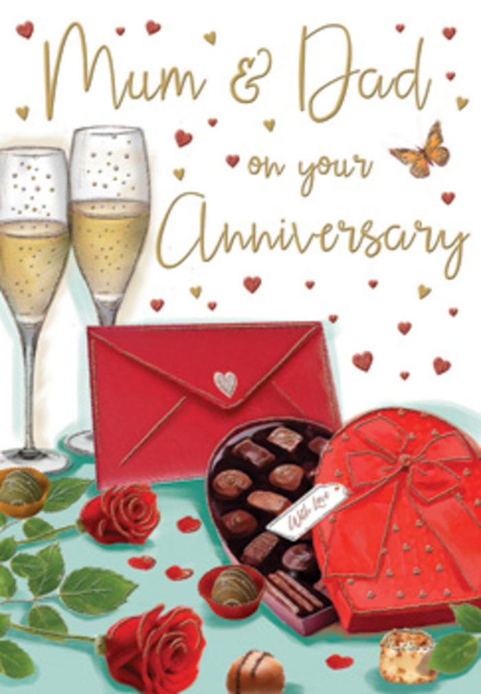 Richly detailed anniversary card illustration celebrating parents, rendered with the intimate charm of a Camden evening gathering. The scene unfolds across a simple table surface, on which two striking red roses are arranged with deliberate grace. Their petals have been illustrated with intricate shading and soft highlights, creating an impression of velvety depth that mirrors the feel of a freshly arranged bouquet. Around the roses, deep green leaves extend in natural arcs, their edges slightly curled, adding a sense of softness and movement. Tucked close to this floral duo is a heart-shaped box of chocolates, its body warm in tone and its top adorned with a generous red satin bow. The bow's loops and tails glimmer subtly, and the lid is tipped open to reveal carefully placed chocolates, each one rounded and glossy, as though ready to be savoured slowly after dinner in a Camden flat overlooking the bustle of the streets below. Behind this inviting arrangement, two slender champagne flutes rise together. They are filled with pale golden champagne, where delicate streams of bubbles spiral upward, catching hints of ambient light like reflections from the canal at twilight. Floating above and around the inscription to Mum & Dad, tiny gold and crimson hearts scatter gracefully, adding rhythm and whimsy to the design. To the side, a scarlet envelope lies on the table, its strong colour echoing the roses and bow, suggesting a tender, handwritten message tucked within. The lighting is soft and enveloping, as if cast by gentle lamps on a quiet Camden night, imbuing the illustration with warmth, affection, and the feeling that this card honours not only the anniversary date but the lifetime of shared stories behind it.