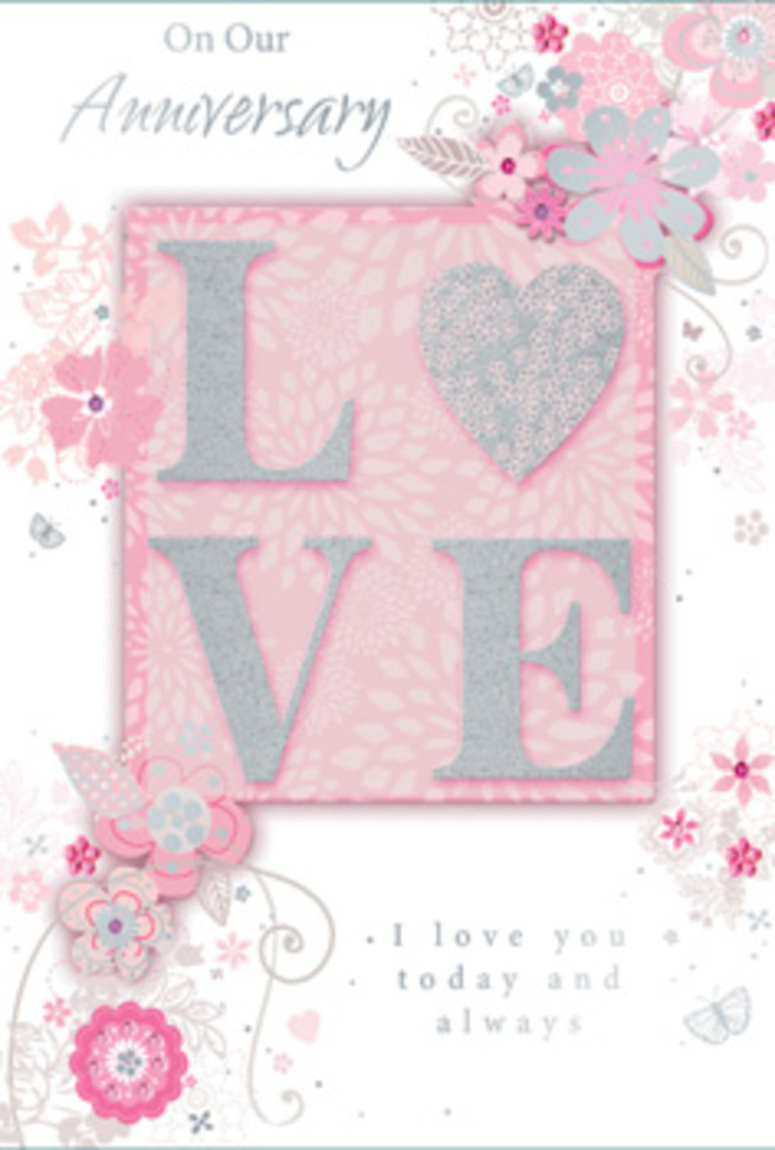 In this image, an anniversary card is laid out as though waiting to accompany a hand-delivered bouquet somewhere off Camden High Street. The design centres on the word LOVE, rendered in thick, raised letters dusted with fine glitter that shimmers subtly in silver and soft white tones. The tactile lettering rests on a blush-pink field, gently graded so the colour deepens toward the edges before dissolving into a luminous ground of pearlescent white and pale grey. Surrounding this central word, delicate, drawn flowers and curling tendrils of foliage wander across the card in intricate sweeps, their lines thin and fluid like ink flowing from a calligrapher's pen. These blooms are not strictly realistic; instead, they have a stylised, almost whimsical character, with petals and leaves stretching into elegant curves. The palette stays within a romantic range-blush pinks, soft greys, light mauves, and tiny glints of silver-creating a cohesive, gentle ambiance akin to a pastel bouquet. The floral pattern frames the raised LOVE without overpowering it, allowing the central word to remain the emotional heart of the design. In the spaces between vines and blossoms, a refined script spells out anniversary wishes, its graceful strokes echoing the fluid lines of the illustrations. The overall mood is calm and affectionate, like a quiet afternoon spent strolling from Camden Market toward Regent's Park, arms full of flowers and memories. The card feels less like a simple greeting and more like a keepsake-softly radiant, romantic, and thoughtfully composed.