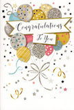 The card in this image offers a warm, festive congratulations message with a style that would feel perfectly at home in Camden's creative neighbourhoods. At the centre, a bouquet of illustrated balloons gathers in a loose cluster, each one slightly overlapping as they drift upwards. The balloons are coloured in a sophisticated mix of metallic gold and silver, soft champagne, airy sky blue, gentle blush pink and light grey. Some carry tiny star designs, others are finished with neat stripes or delicate specks that mimic subtle glitter, evoking the sparkle of evening lights over Camden's canal bridges. Threading through the balloons is an elegant banner with gentle curves at its edges, bearing the phrase Congratulations To You in flowing, decorative script. The lettering feels warm and sincere, like words spoken with genuine pride. Surrounding the main motif, small metallic stars, dots and flowing ribbons are scattered across a pale background, suggesting confetti and party streamers frozen mid-air at the exact moment of celebration. The card's overall mood is joyful but refined, making it suitable for a wide range of milestones-from university graduations and new jobs to artistic achievements cherished around Camden's music venues and studios. As a florist familiar with the area, I imagine this card standing beside a vase of fresh blooms on a windowsill overlooking Camden High Street or tucked on a desk in a shared workspace, bringing a little burst of colour and cheer that mirrors the excitement of hearing, You did it, and knowing the achievement will be remembered.
