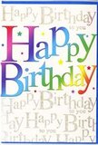 The image shows a contemporary birthday card whose front feels as bright and expressive as Camden on a festival day. The key feature is the large Happy Birthday greeting that runs across the centre in strong, rounded letters, each character filled with a distinct colour that melts smoothly into the next. Bold reds flow into warm pinks, then burn into orange and settle into warm yellow, before shifting to fresh greens, tranquil blues, and finally deep purples, echoing the patchwork of colours seen in Camden's markets and murals. These rainbow letters stand out against a refined background, where the phrase Happy Birthday to you is repeated in elegant lines of fine gold script. The handwriting is small, graceful, and slightly cursive, creating a shimmering pattern that glows gently when the card catches the light, rather like streetlamps reflected in the evening canal. The card appears to have a smooth, semi-glossy finish, suggesting a pleasant tactile feel and helping the colours and gold detailing appear more vibrant. No balloons, cakes, or graphic icons clutter the design, allowing the interplay of bold rainbow typography and delicate metallic script to carry the entire celebratory mood. The overall effect is uplifting and stylish, with an energy that suits a milestone birthday as easily as a casual gathering with friends. It would look right at home next to a freshly delivered arrangement of birthday flowers in a Camden flat or studio, the colours echoing petals and party decorations while the gold script adds a touch of understated elegance.
