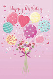 Playful birthday card design in which a cluster of pastel balloons hoists a small, elegant bouquet, echoing the blend of fun and artistry that shapes Camden's character. The scene is set against a soft pink background that feels like a warm evening sky over Camden Market. Balloons in shades of blush pink, teal-green, lemon, and lilac float upward, their rounded shapes and single heart form intermingling. Each balloon carries its own charm: ribbon-like stripes twist around some, while others shimmer with cheerful polka dots or gentle swirls, suggesting movement and music in the air. At the base, gathered just below the balloon strings, sits a hand-tied posy of roses and anemone-like blossoms in creamy white, blush, and dusty mauve. Their petals appear feathery and lush, arranged with the kind of care and balance a local florist might bring to a same-day delivery destined for a home off Camden High Street or a studio overlooking the canal. A violet satin bow ties the stems together, its glossy texture catching highlights and giving the whole bouquet a finished, celebratory feel. Tiny stars and butterflies hover and drift around the composition, like confetti or street art details hidden in a side alley. The mood is airy, sweet, and quietly joyful, making this card feel like a heartfelt birthday wish carried on the breeze through Camden's lively, creative streets.