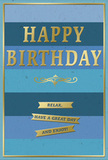 A serene yet celebratory mood flows through this birthday card, as if it has drawn inspiration from Camden's blend of creativity and calm. The front is painted in generous horizontal stripes of blue, each band a slightly different shade that eases into the next-from deep navy reminiscent of late-night skies over the canal to mid-blues and soft, airy tones that suggest early daylight along the high street. This gentle gradient sets a tranquil stage for the greeting at the centre. The words HAPPY BIRTHDAY are embossed in strong, well-spaced gold capitals, the metallic letters subtly raised so they can be both seen and felt. Their finish is softly reflective, scattering a warm glimmer when turned toward the light. Just below the greeting, a refined golden flourish unfurls in a balanced scroll, lending the card a touch of timeless style, as if nodding to Camden's history beneath its modern energy. Three slim gold ribbons line up neatly underneath, each banner lightly embossed with short, inviting wishes that encourage the recipient to relax, have a great day, and take pleasure in their birthday. A slender gold border frames the entire design, giving it an almost gallery-like feel, as though the card were a small piece of artwork. The surface appears smooth and velvety, with the raised gold lettering and banners offering points of subtle texture. Imagined resting beside a bouquet of fresh flowers delivered across Camden, perhaps placed on a windowsill overlooking the bustle below, this card conveys a message of calm joy and thoughtful affection, ideal for someone who appreciates both simplicity and understated elegance.