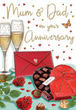 Cosy and romantic anniversary card image created to celebrate Mum and Dad, infused with the relaxed charm of Camden life. The composition features an intimate still life on a tabletop, where two red roses, rich in tone and detail, rest close together. Each rose is drawn with lush, overlapping petals, subtly shaded from deep crimson at the base to brighter ruby at the edges, giving them the tactile softness of fresh flowers just brought in from a Camden florist near the market. Encircling the blooms, glossy green leaves arch outward, their textures and veins lightly defined to enhance the sense of freshness. Nestled up against this floral cluster is a heart-shaped box of chocolates, its surface warm and smooth, topped by a striking red ribbon tied into an elegant bow. The bow's loops lie casually across the lid, which is propped open to reveal a tidy selection of chocolates, their rounded tops and gentle highlights conveying creamy, indulgent fillings. Behind this, two tall champagne flutes stand side by side, nearly touching, filled with lightly tinted gold champagne. Fine bubbles rise inside, suggesting the moment just before a toast, when Mum and Dad raise their glasses in a quiet celebration at home. Above, a trail of golden and crimson hearts dances across the card, curving around the handwritten words Mum & Dad in a warm, flowing script. To the side, a deep scarlet envelope rests, sealed and ready to be opened, hinting at loving words within. The soft, ambient lighting feels like evening glow filtering into a Camden living room, creating an atmosphere of gratitude, nostalgia, and gentle joy-perfect for an anniversary marked with roses, chocolates, and shared memories.
